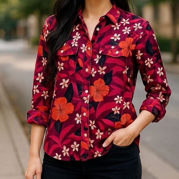 Lucky Brand sili Blouse For Women Size Medium Floral Print Roll Tab Sleeves - Picture 1 of 13